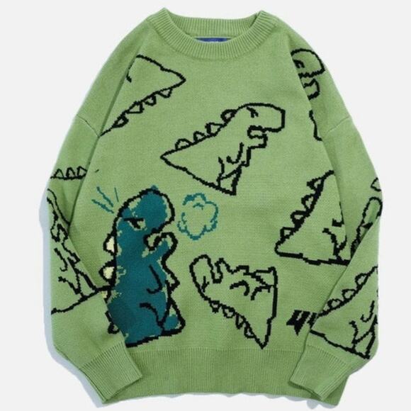 Aelfric Eden oversized dinosaur cartoon pattern green sweater woman size medium - Picture 1 of 13